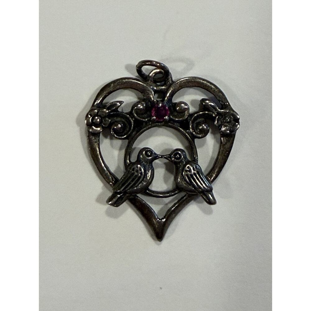 Vintage 925 Sterling Silver Franklin Mint Heart with Red Gemstone Pendant
